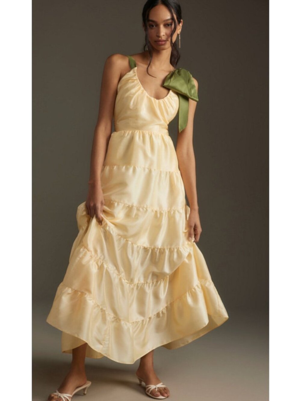 Hutch Anthropologie Scoop-Neck Tiered Maxi Dress Buttery Yellow w Green Bow M